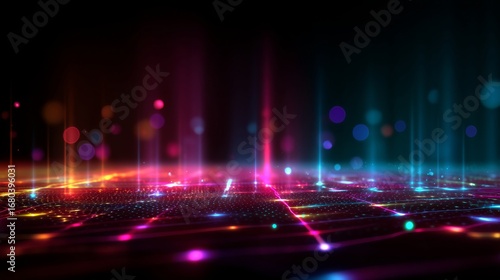 Abstract digital landscape with vibrant neon lines and glowing dots, futuristic grid,