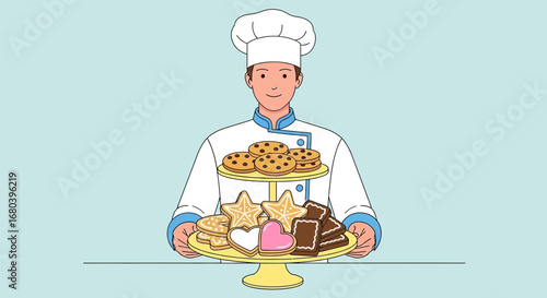 Smiling Baker Presenting Sweet Treats, Assortment of Delicious Cookies, Illustration with Chef
