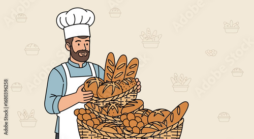 Smiling Baker Presenting Variety of Freshly Baked Breads in a Basket