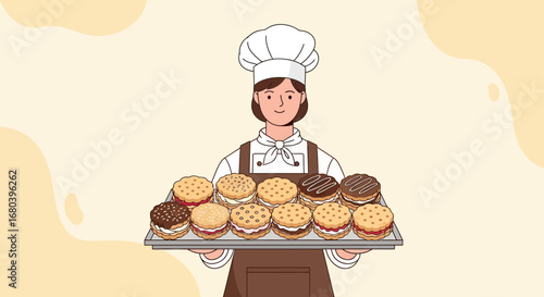Smiling Baker Presenting Tray Of Desserts With Artistic Design And Delicious Treats