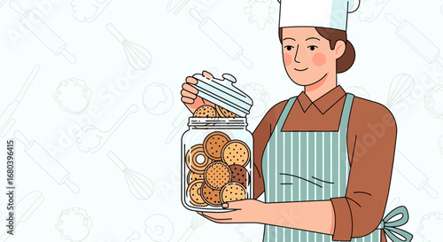 Smiling Baker Presents Freshly Baked Cookies In A Jar, Delicious Treat Illustration