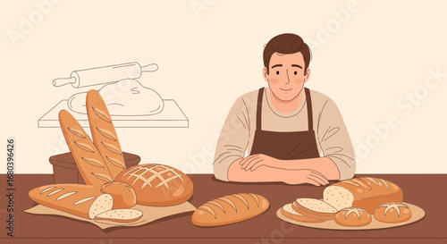 Smiling Baker Presents Freshly Baked Bread, Showing Daily Life Of Artisanal Baking Craftsman
