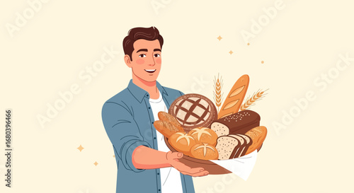 Smiling Baker Proudly Displays Freshly Baked Bread Collection In Basket Presentation
