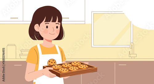 Smiling Baker Proudly Displays Baked Goods on a Tray in Kitchen Setting