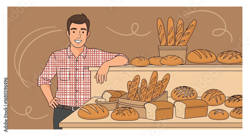 Smiling Baker Proudly Showcasing Diverse Baked Goods On His Bakery Counter Display