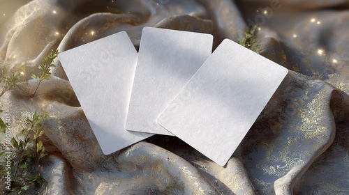 Three blank white cards with embossed patterns are laid on  textured fabric with gold details and soft lighting