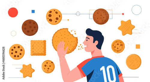 Satisfied Person Consuming Tasty Sweet Biscuit Treat, Symbolic Food Illustration