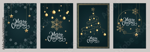 Four elegant Christmas card designs with a dark teal background, adorned with golden snowflakes, stars, ornaments, and the phrase "Merry Christmas" in elegant white calligraphy.