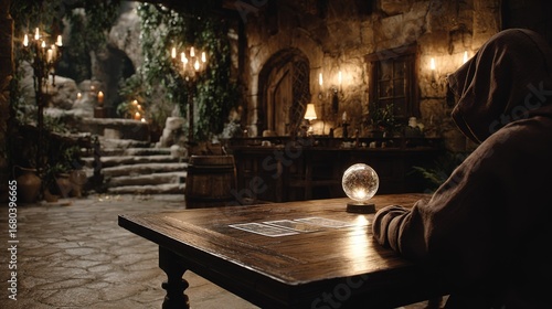 figure in  hooded robe sits at  wooden table with  glowing crystal ball and cards in  dimly lit stone room with ancient stairs and flickering candles