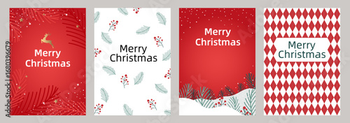 Four Christmas card designs with a dominant red color scheme, featuring elements like reindeer, snowflakes, branches, berries, snow, and a diamond pattern, along with the text "Merry Christmas."