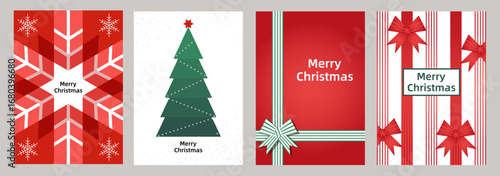 Four modern Christmas card designs, featuring geometric patterns, a Christmas tree, ribbons, snowflakes, and a consistent "Merry Christmas" message, primarily using red, green, and white colors.