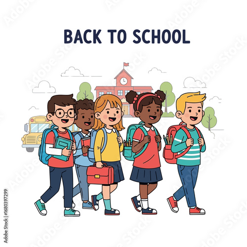 A diverse group of cheerful elementary students with backpacks walking together in front of a school building and bus illustration