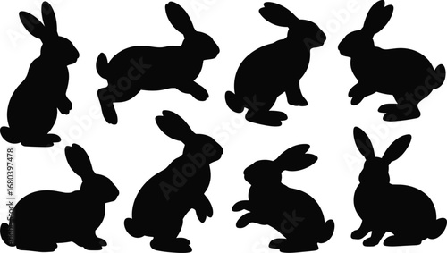 "Black silhouettes of rabbits in various poses including sitting, running, and jumping, vector illustration."