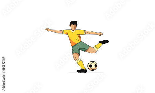 Cartoon Soccer Player Kicking Ball with Yellow Jersey and Green Shorts.