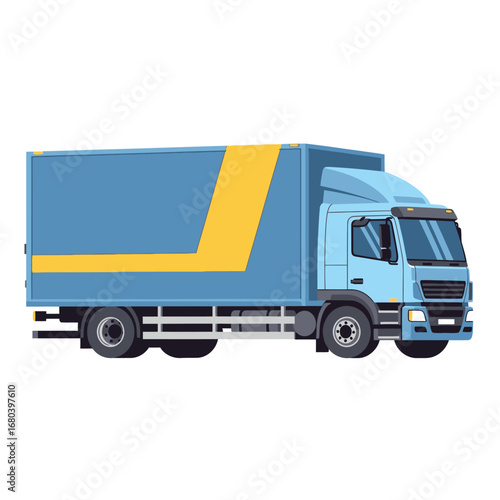 Vector illustration of a blue cargo truck for commercial transport. Side view of a delivery vehicle for logistics and shipping