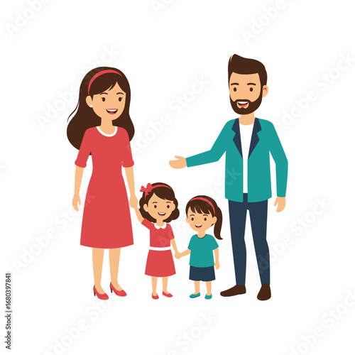 A cheerful vector illustration of a happy family standing together. A loving portrait of a mother, father, and two young daughters smiling