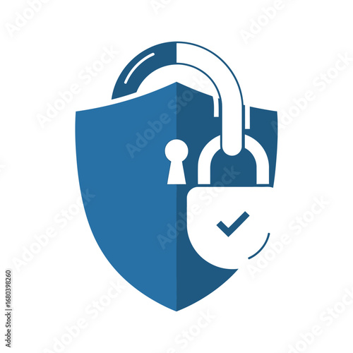 Cybersecurity concept represented by a shield and an open padlock with a checkmark, symbolizing verified protection and secure data access