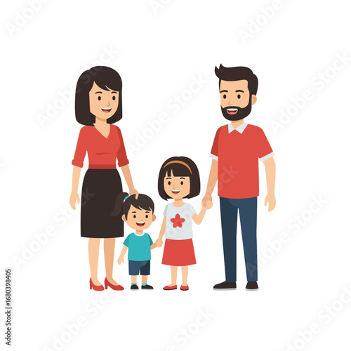 Cheerful cartoon portrait of a happy young family of four standing together. Loving parents with their two cute little daughters