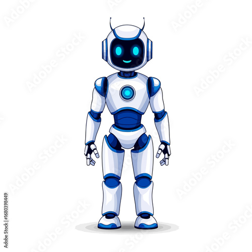 Futuristic humanoid robot character with a friendly digital smile, representing artificial intelligence and advanced automation