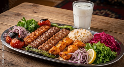 Turkish Kebab Platter With Grilled Meat and Vegetables Served With Cold Ayran Yogurt Drink