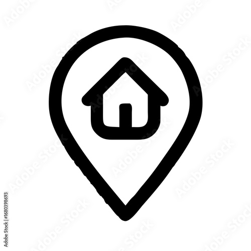 A simple black and white location pin with a house inside the pin icon for maps and navigation use