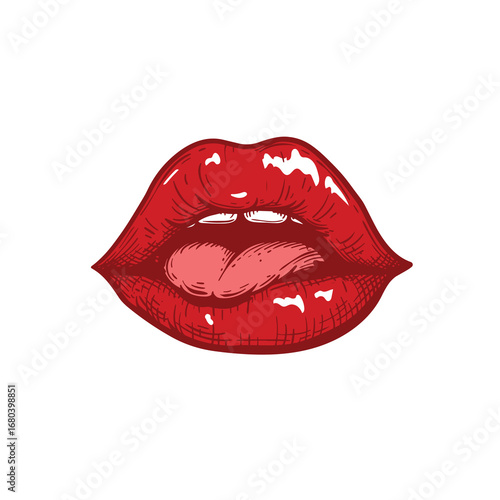 Sexy mouth with bright red glossy bitten lips and tonque. Color sketch hand drawn style. Vector illustration isolated on white background.