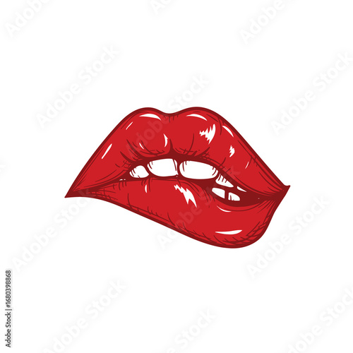 Sexy mouth with bright red glossy bitten lips and tonque. Color sketch hand drawn style. Vector illustration isolated on white background.