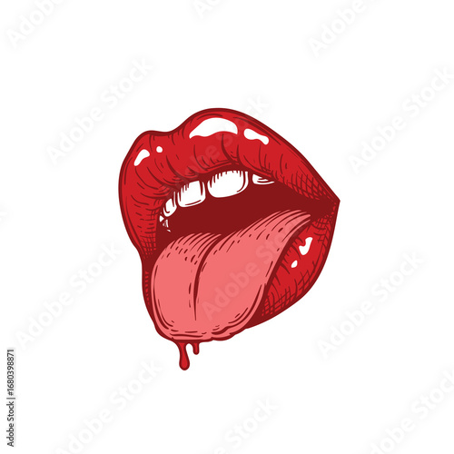 Sexy mouth with bright red glossy bitten lips and tonque. Color sketch hand drawn style. Vector illustration isolated on white background.