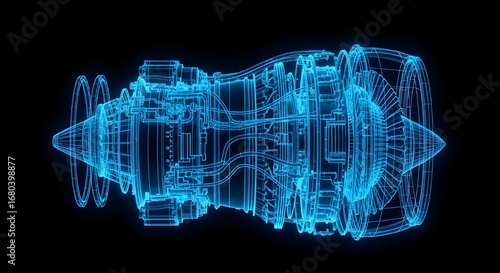 Wireframe blueprint of a jet engine in glowing blue on a black background aircraft engine