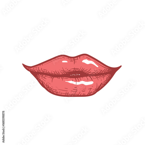 Sexy mouth with bright red glossy bitten lips. Color sketch hand drawn style. Vector illustration isolated on white background.