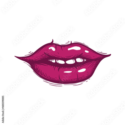 Sexy mouth with bright red glossy bitten lips. Color sketch hand drawn style. Vector illustration isolated on white background.