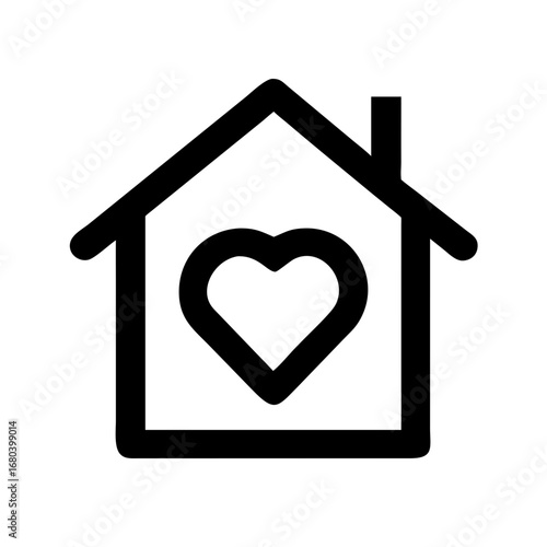 Black outline of a house with a chimney and a heart shape inside the house on a white background image