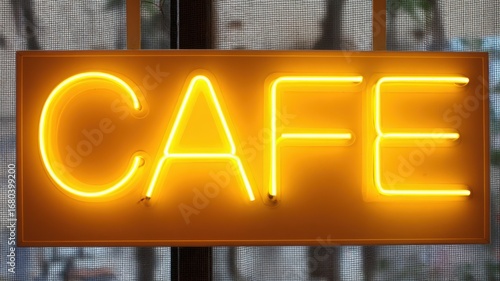 Illuminated cafe sign in vibrant neon colors.