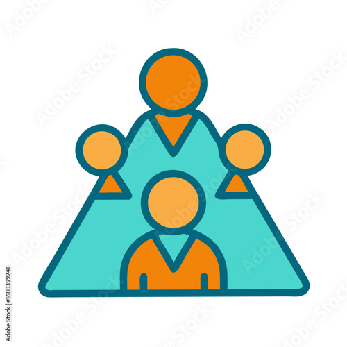 A stylized teal triangle containing four orange figures arranged in a pyramid hierarchy shape design