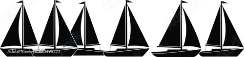 Six Silhouette Sailboats Aligned in a Row – Nautical Marine Vector Illustration Perfect for Patterns, Logos, Sea Travel, or Decoration