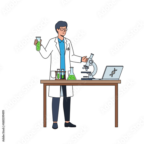 Male scientist in a laboratory conducting biotechnology research, holding a test tube with a microscope and DNA analysis on a laptop illustration