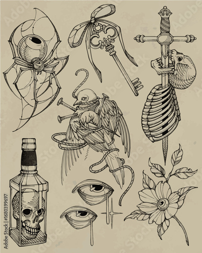 Detailed vintage illustrations of anatomy, occult symbols, and gothic elements for creative designs