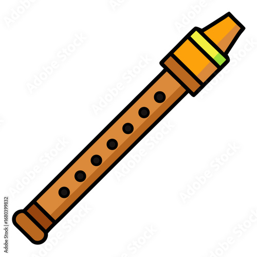 Wooden recorder musical instrument with black outlines vector on white background.