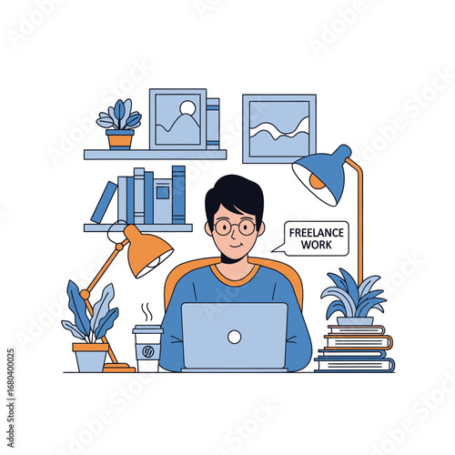 Modern flat illustration of a young man working as a freelancer from a comfortable home office setup with a laptop