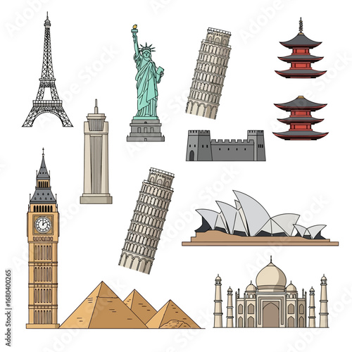 Vector illustration collection of world famous landmarks and historical monuments. A set of international travel icons for global tourism