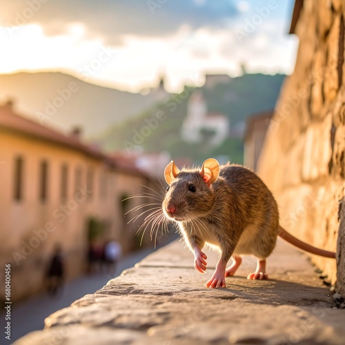 Fototapeta Naklejka Na Ścianę i Meble -  Rat in sunlit cityscape
