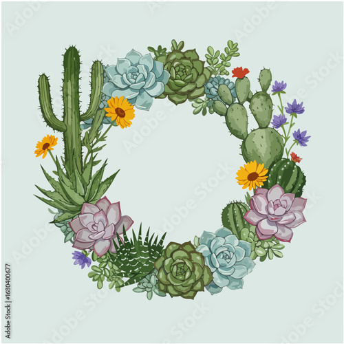 Botanical watercolor wreath of succulents, cacti, and desert wildflowers