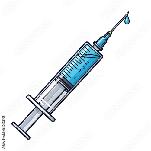 A medical syringe filled with blue liquid medicine for vaccination or injection, isolated on a white background as a healthcare vector icon