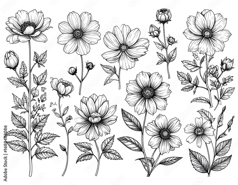 custom made wallpaper toronto digitalDetailed black and white line art showcasing a collection of various flowers and foliage.