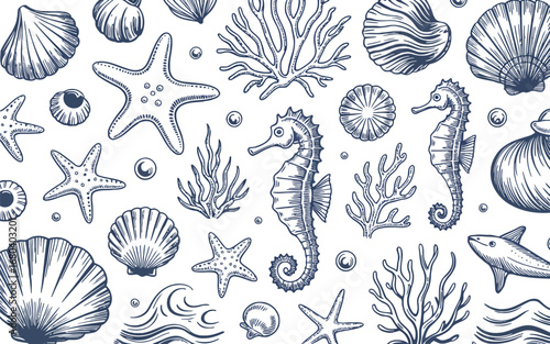 This image displays an intricate pattern of various marine life and underwater elements, rendered in a detailed blue and white sketch style.