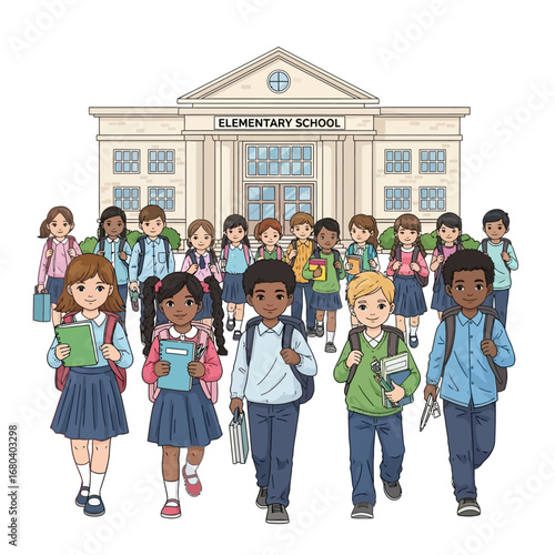 A diverse group of elementary school students with backpacks and books walking together in front of their school building