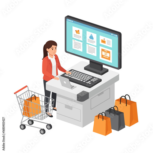Isometric concept of a woman using a self-service digital kiosk for a modern e-commerce and retail experience