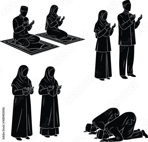 Vector illustration of Muslim men and women performing various Islamic prayer postures including sitting, standing, and prostrating on prayer mats