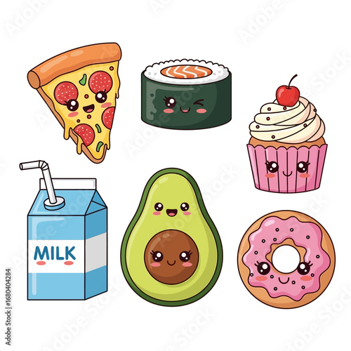 A delightful set of various cute food characters with happy smiling faces, illustrated in a charming Japanese kawaii style