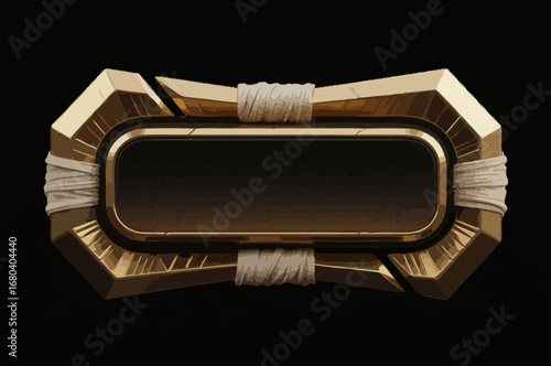 Hand-drawn game UI buttons, dark gold metal, with gauze binding around the edges, presenting an ancient Egyptian feel, vector illustration